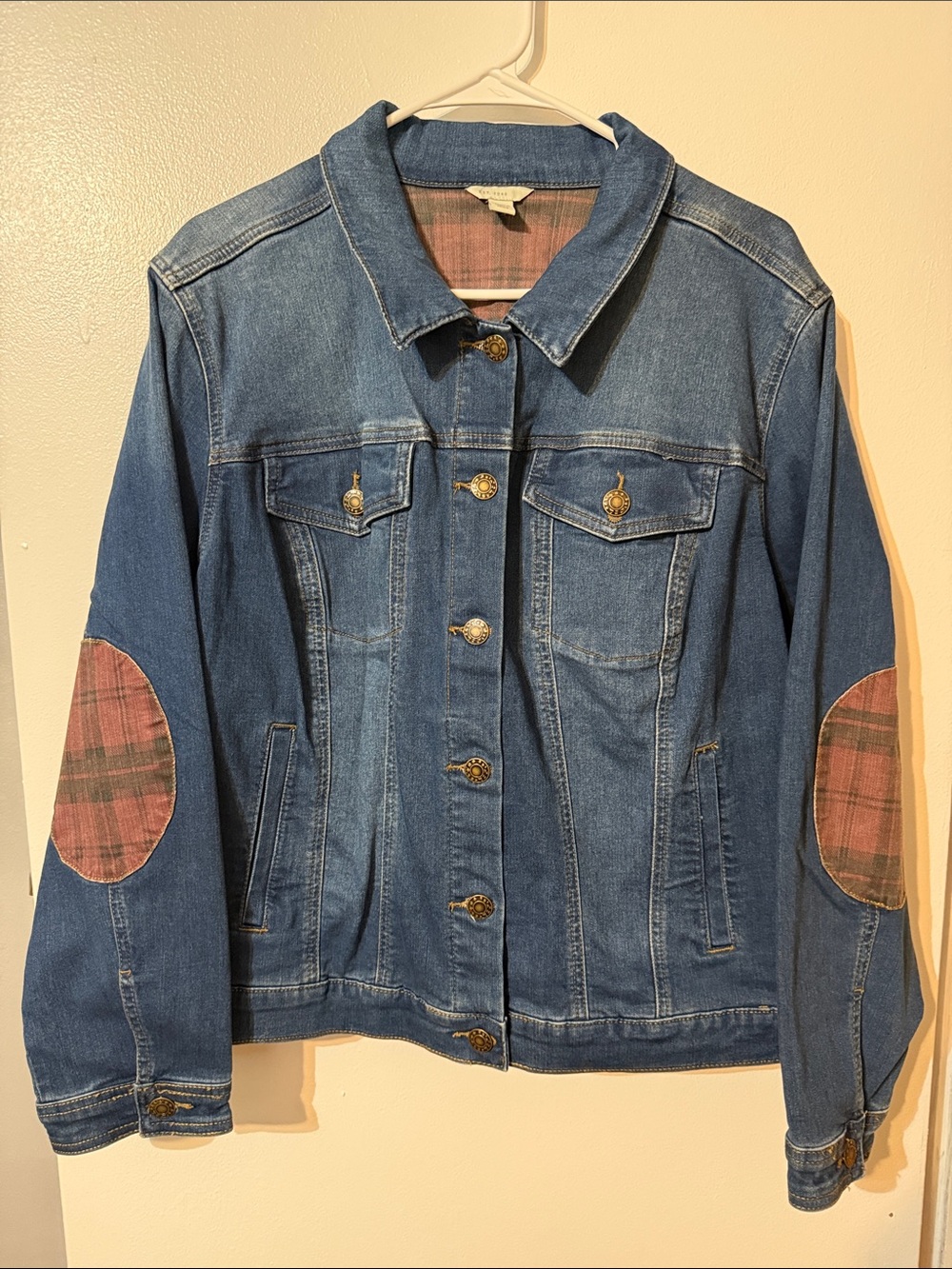 Denim Jacket with Plaid Elbow Patches - Blue